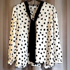Eloquii cream button front top with heart print and black tie neck size 22 EUC
